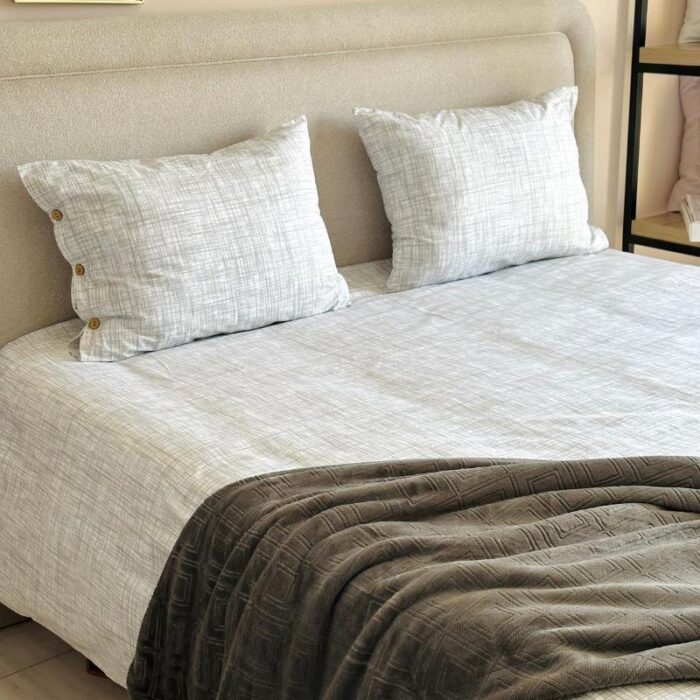 Housse de couette pratique 260x240 cm avec boutons bois – gris ou beige – Assia Home
